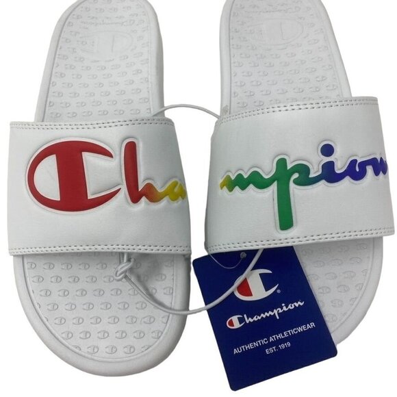 CHAMPION Super Slide Split Script White Rainbow Womens Slide Sandals 10 or 11 - Picture 3 of 10
